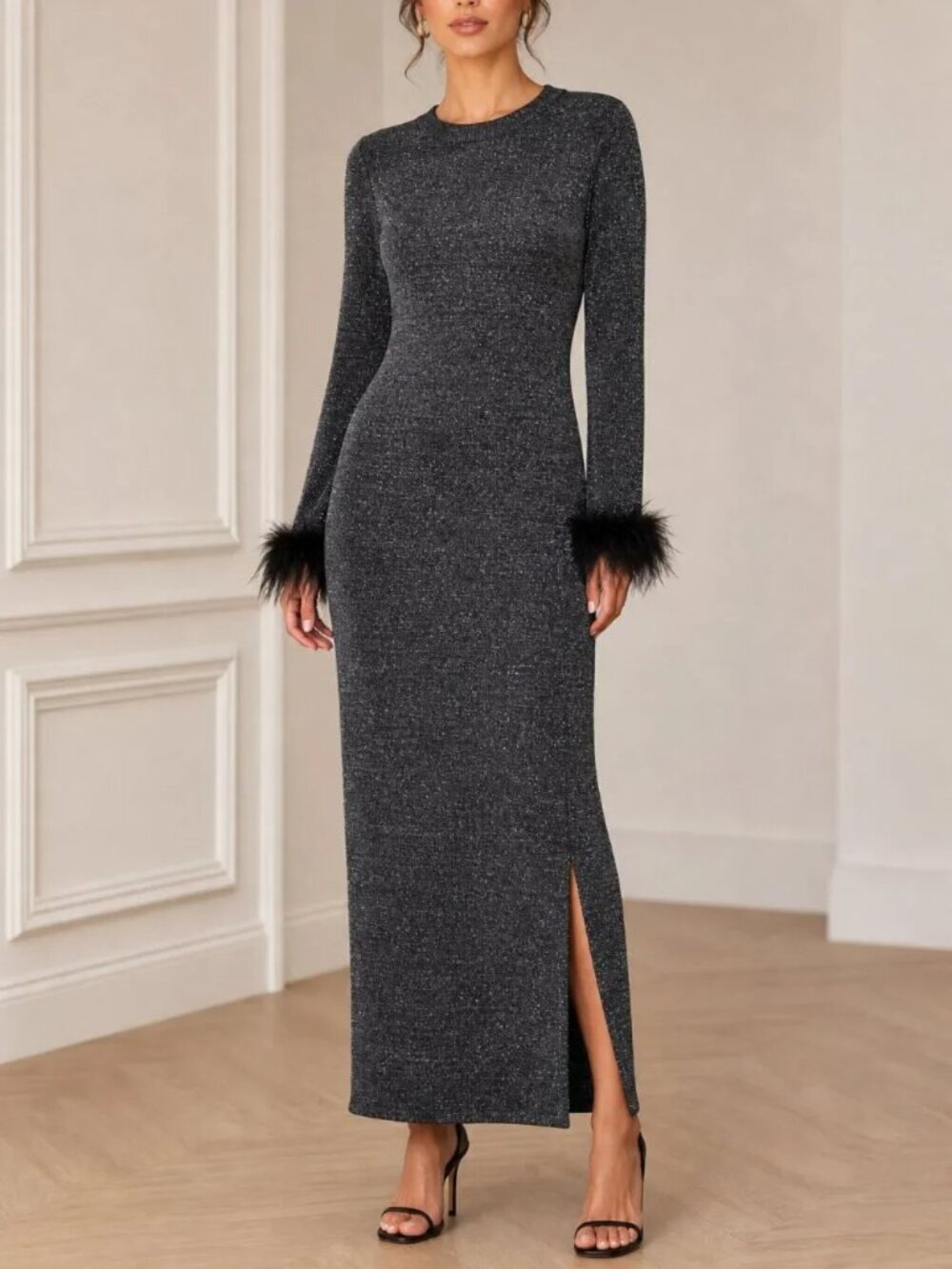 Emma & Posh Shimmer Long Sleeve Feather Dress - Size: Medium